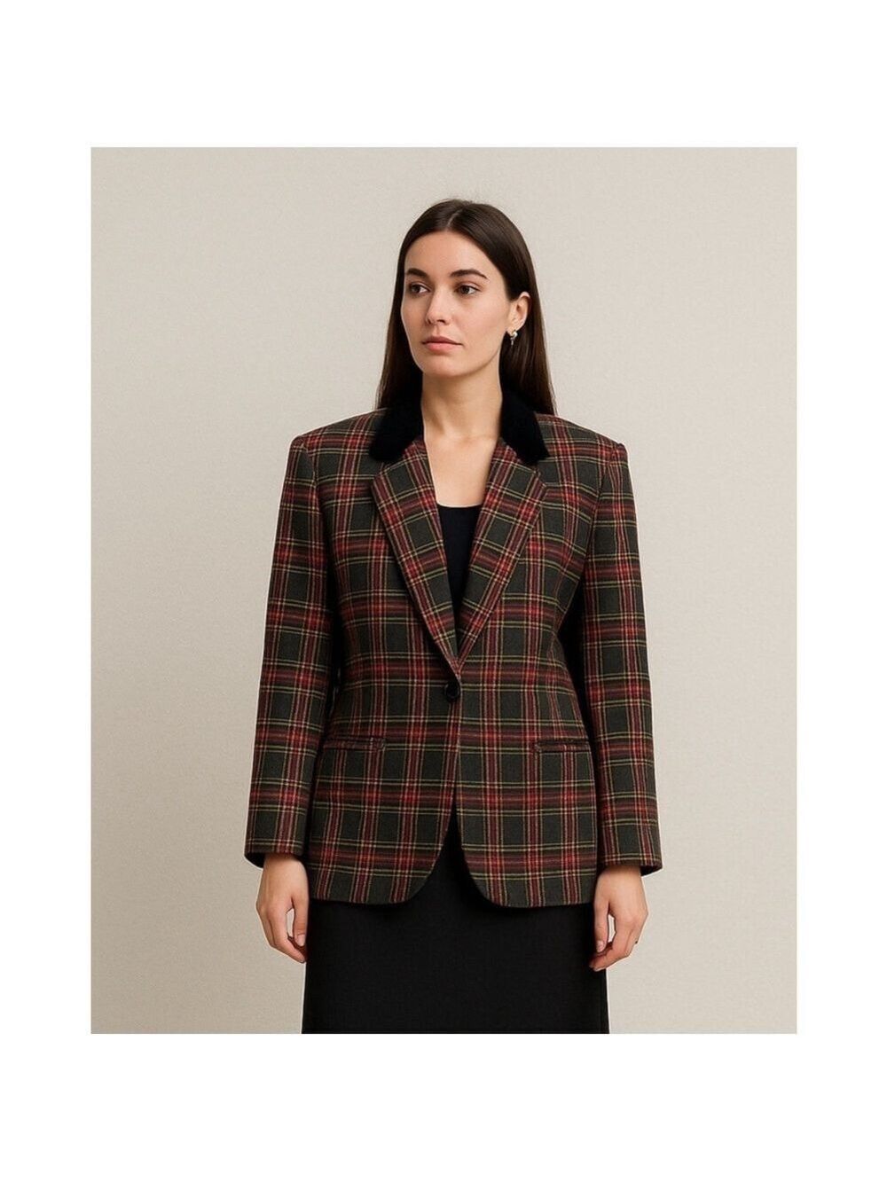 90s Tartan Plaid Blazer Plus Sz 18 Wool Preppy Velvet Vintage Dark Academia Chic